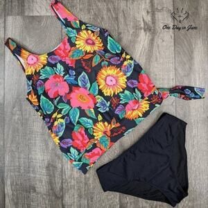 Amzbrly Side Tie Floral Blouson Tankini Set Swimsuit Size S
